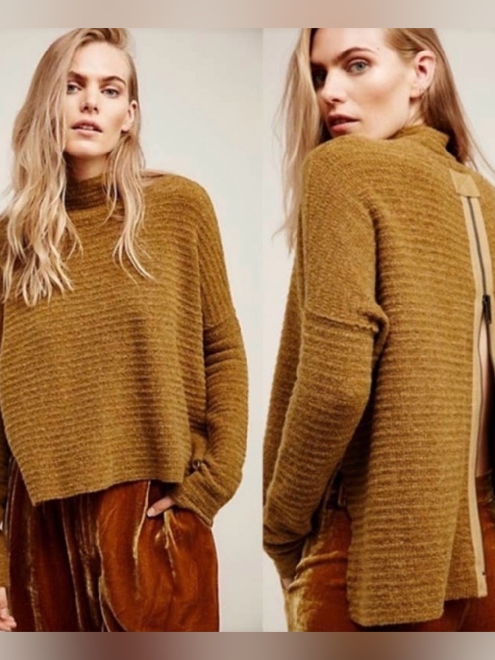 Free People Sweater Arctic Fox Olive Brown Ribbed Back Zip Boxy Granola Casual S